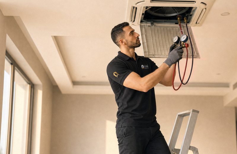 Al Sanad technician checking refrigerant pressure on a ceiling cassette unit