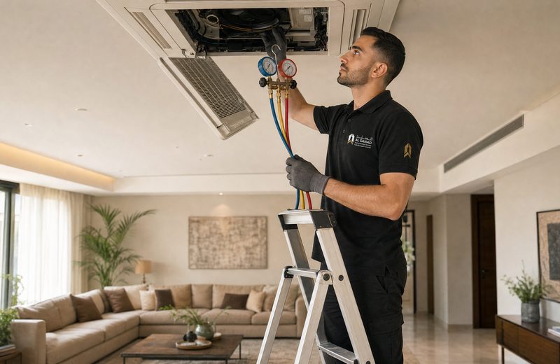 Al Sanad technician servicing a ceiling cassette unit in a Gulf villa living room