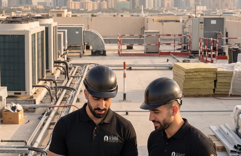 فنيو السند يفحصون معدات كهروميكانيكية على سطح مبنى تجاري إماراتي
