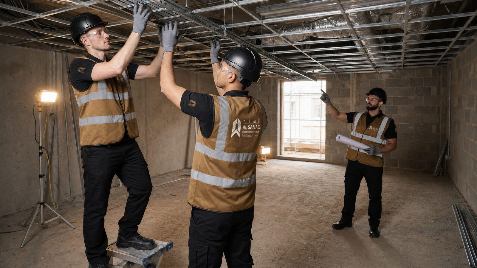 Al Sanad technicians installing MEP services on a UAE fit-out project